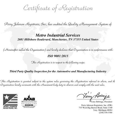 Metro Industrial Services Certificate