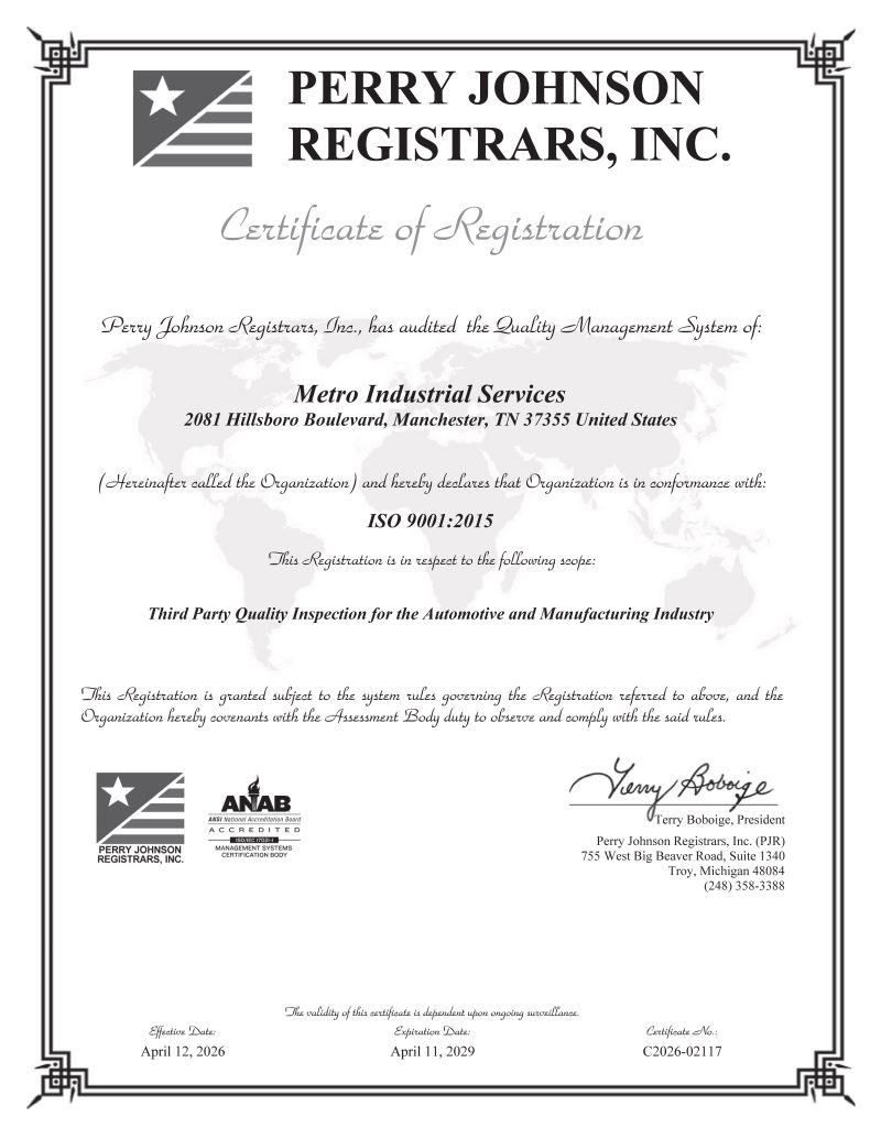 Metro Industrial Services Certificate